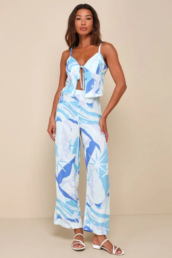 Wondrous Charm Blue Multi Print Linen Tie-Front Crop Top sold by Lulus product image thumbnail 3