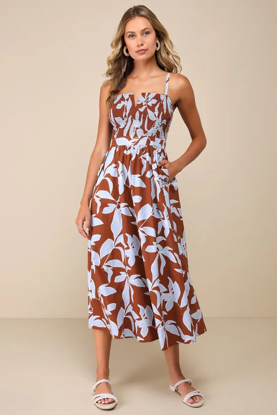 Immense Cuteness Brown and Blue Floral Midi Dress with Pockets sold by Lulus