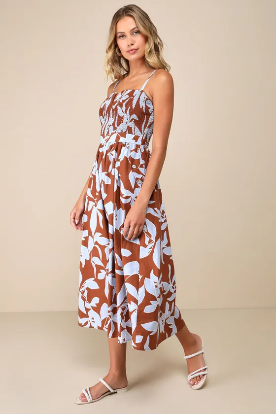 Immense Cuteness Brown and Blue Floral Midi Dress with Pockets sold by Lulus product image thumbnail 2