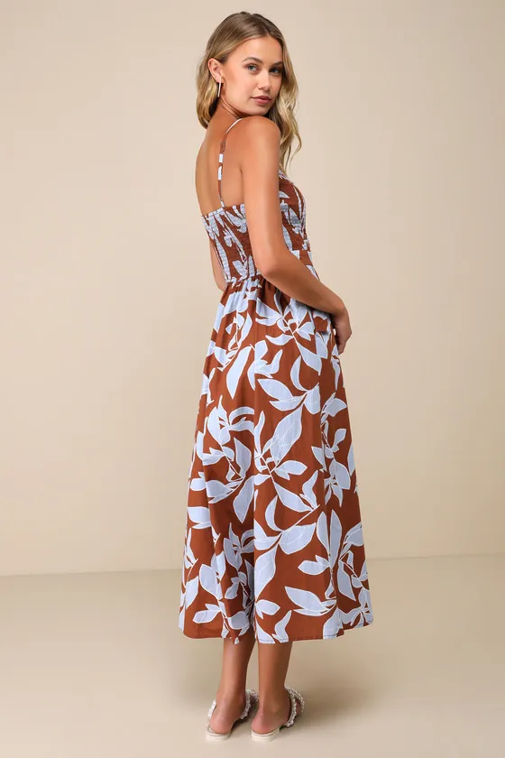 Immense Cuteness Brown and Blue Floral Midi Dress with Pockets sold by Lulus product image thumbnail 3