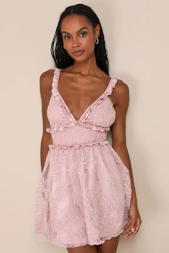 Delightfully Precious Mauve Mesh Embroidered Ruffled Mini Dress sold by Lulus product image thumbnail 2