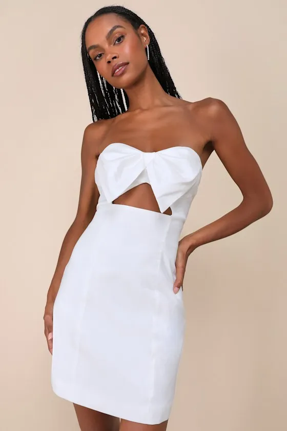 Especially Perfect White Taffeta Bow Cutout Strapless Mini Dress sold by Lulus