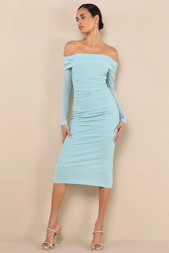 Valda Aqua Blue Mesh Ruched Off-the-Shoulder Midi Dress sold by Lulus