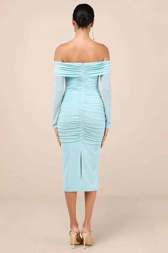 Valda Aqua Blue Mesh Ruched Off-the-Shoulder Midi Dress sold by Lulus product image thumbnail 3