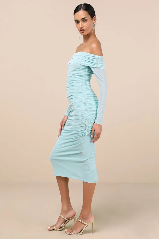 Valda Aqua Blue Mesh Ruched Off-the-Shoulder Midi Dress sold by Lulus product image thumbnail 4