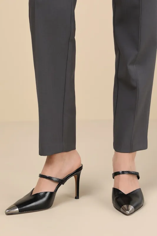 Kanika Toe Cap Midnight Leather Pointed-Toe Mule Pumps sold by Lulus