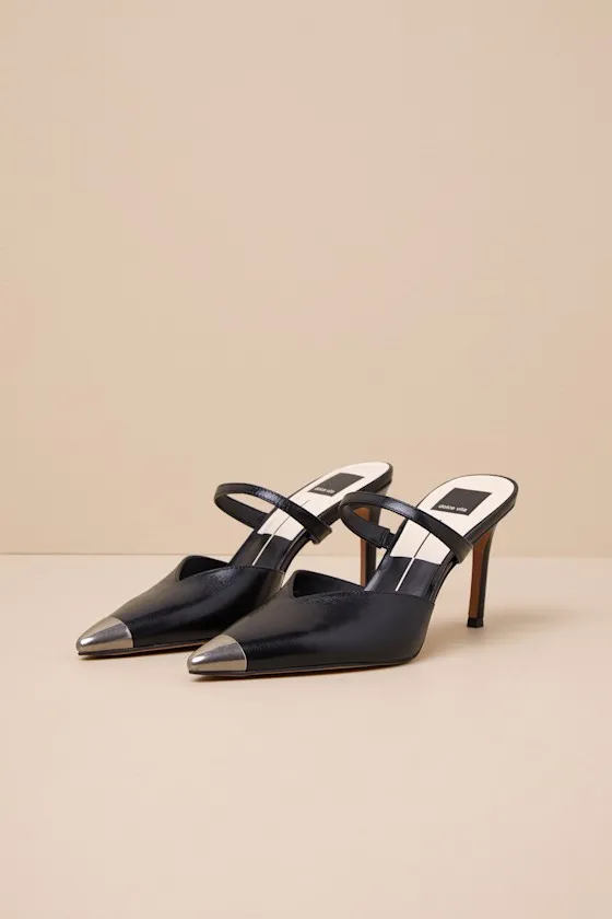 Kanika Toe Cap Midnight Leather Pointed-Toe Mule Pumps sold by Lulus product image thumbnail 2