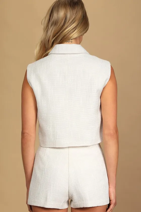 Perfect Company Ivory Tweed Sleeveless Cropped Blazer sold by Lulus product image thumbnail 4