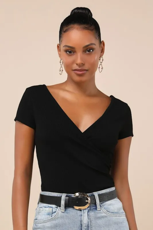 All Day Fave Black Ribbed Surplice Short Sleeve Bodysuit sold by Lulus
