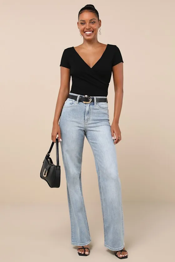 All Day Fave Black Ribbed Surplice Short Sleeve Bodysuit sold by Lulus product image thumbnail 2