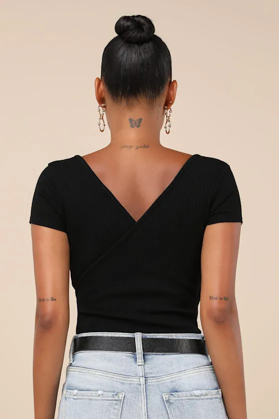 All Day Fave Black Ribbed Surplice Short Sleeve Bodysuit sold by Lulus product image thumbnail 3