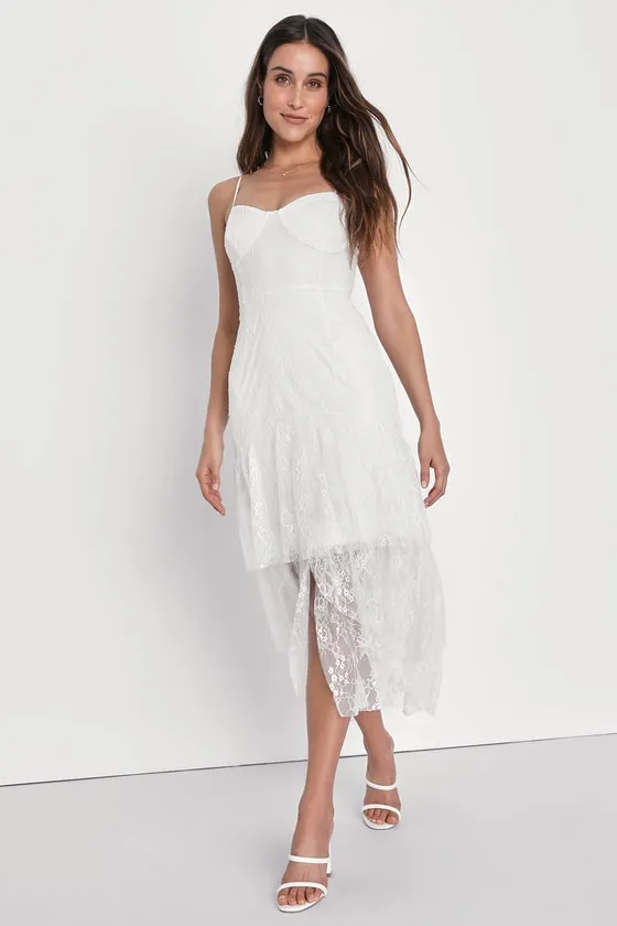 Elaborate Love White Lace Bustier Tiered High-Low Maxi Dress sold by Lulus