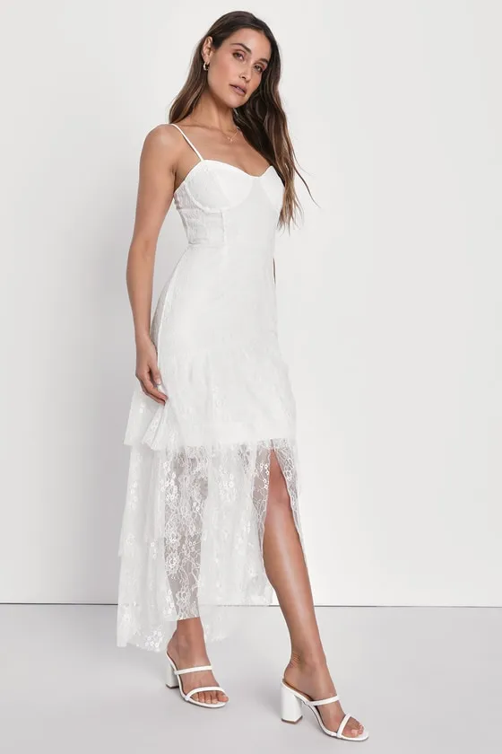 Elaborate Love White Lace Bustier Tiered High-Low Maxi Dress sold by Lulus product image thumbnail 3