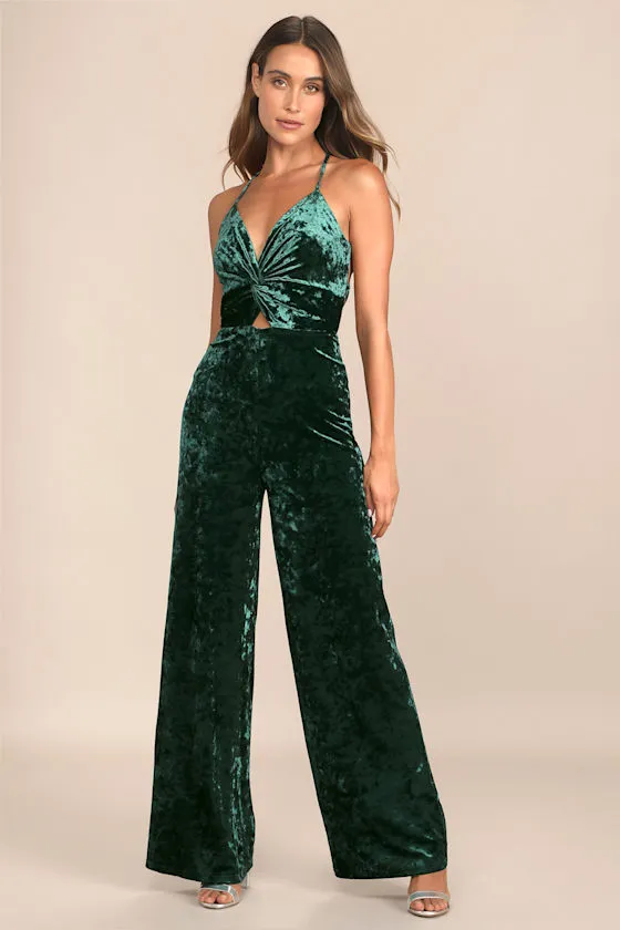 Dreams of Disco Emerald Green Velvet Lace-Up Jumpsuit sold by Lulus