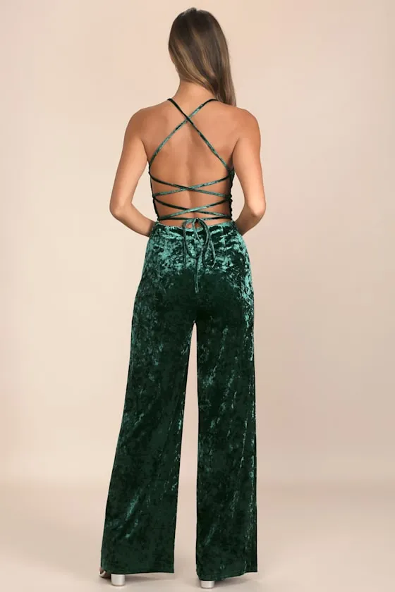 Dreams of Disco Emerald Green Velvet Lace-Up Jumpsuit sold by Lulus product image thumbnail 2