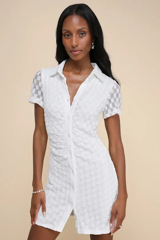 Truly Pristine White Mesh Floral Ruched Button-Up Mini Dress sold by Lulus