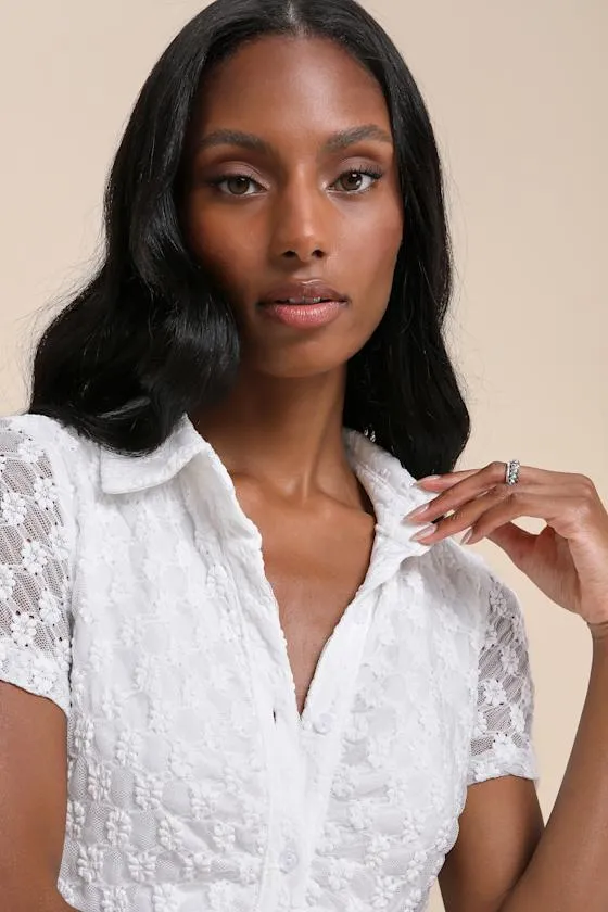 Truly Pristine White Mesh Floral Ruched Button-Up Mini Dress sold by Lulus product image thumbnail 4