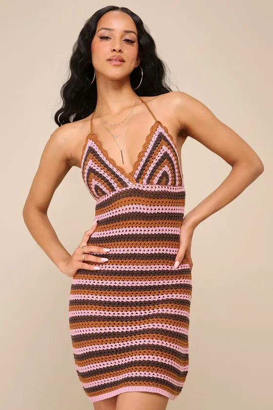Festival Cutie Brown and Pink Striped Crochet Halter Mini Dress sold by Lulus product image thumbnail 2