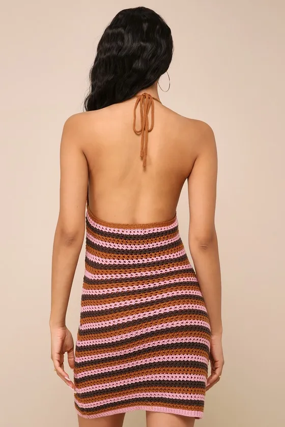 Festival Cutie Brown and Pink Striped Crochet Halter Mini Dress sold by Lulus product image thumbnail 3