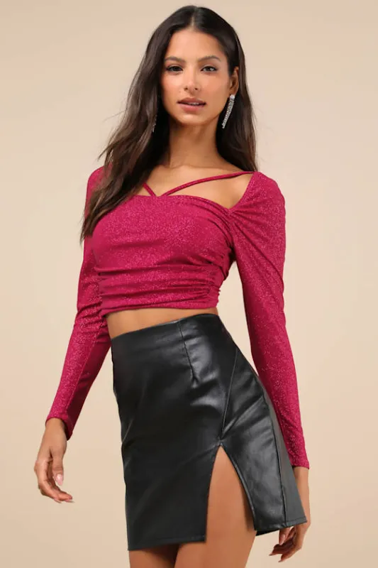 Perfected Shine Magenta Glitter Strappy Tie-Back Crop Top sold by Lulus