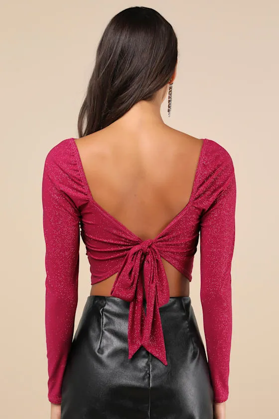 Perfected Shine Magenta Glitter Strappy Tie-Back Crop Top sold by Lulus product image thumbnail 2