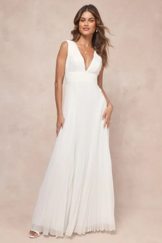 Gorgeous Forever Ivory Chiffon Lace Pleated Backless Maxi Dress sold by Lulus