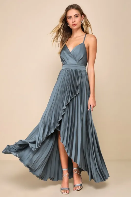 Ultimate Charm Dark Sage Grey Satin Pleated High-Low Maxi Dress sold by Lulus