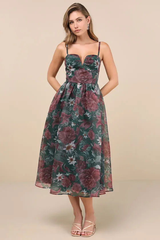 Cherished Aura Green Floral Organza Bustier Midi Dress sold by Lulus