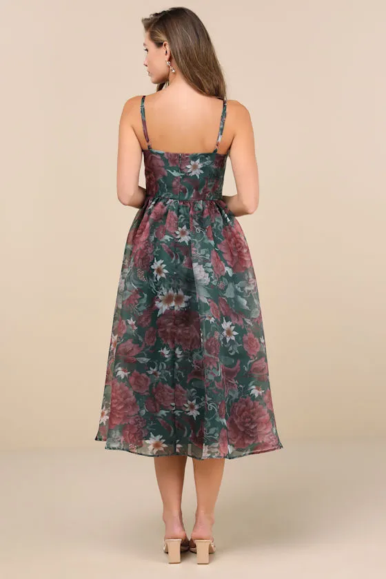 Cherished Aura Green Floral Organza Bustier Midi Dress sold by Lulus product image thumbnail 3