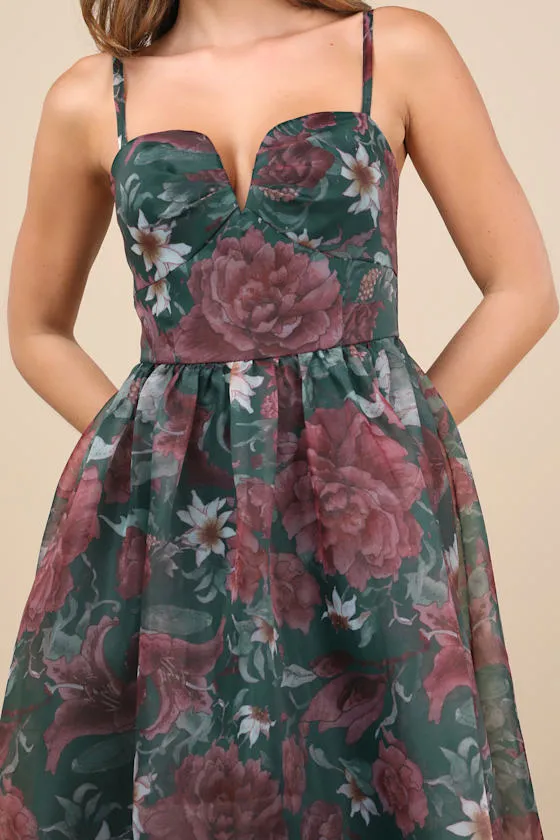 Cherished Aura Green Floral Organza Bustier Midi Dress sold by Lulus product image thumbnail 4