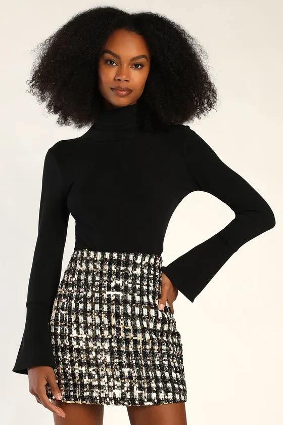 Bubbly Vibe Black White and Gold Sequin Boucle Mini Skirt sold by Lulus