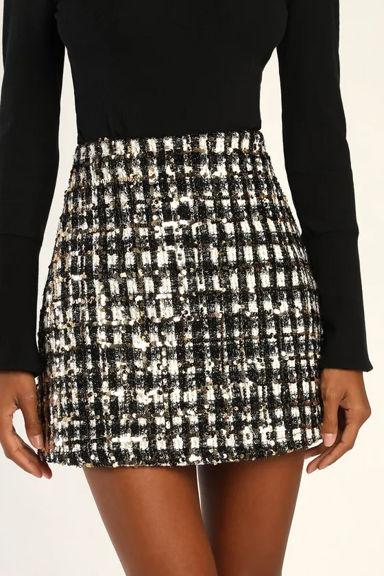 Bubbly Vibe Black White and Gold Sequin Boucle Mini Skirt sold by Lulus product image thumbnail 2