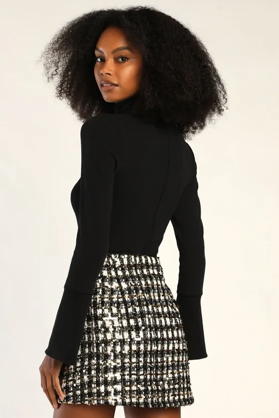 Bubbly Vibe Black White and Gold Sequin Boucle Mini Skirt sold by Lulus product image thumbnail 4