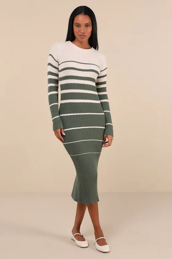 Seasonal Status Green and Cream Striped Midi Sweater Dress sold by Lulus