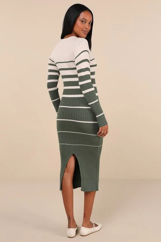 Seasonal Status Green and Cream Striped Midi Sweater Dress sold by Lulus product image thumbnail 2