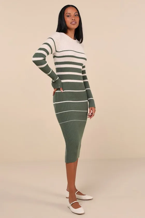 Seasonal Status Green and Cream Striped Midi Sweater Dress sold by Lulus product image thumbnail 3