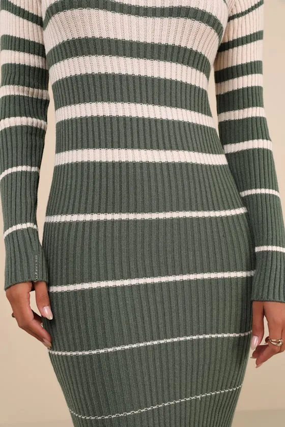 Seasonal Status Green and Cream Striped Midi Sweater Dress sold by Lulus product image thumbnail 4
