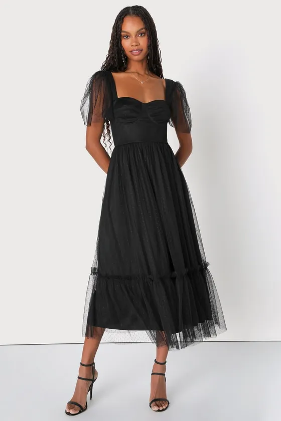 Dreamy Celebration Black Tulle Bustier Swiss Dot Midi Dress sold by Lulus
