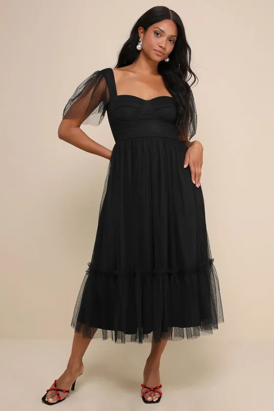Dreamy Celebration Black Tulle Bustier Swiss Dot Midi Dress sold by Lulus product image thumbnail 2