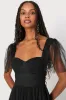 Dreamy Celebration Black Tulle Bustier Swiss Dot Midi Dress sold by Lulus