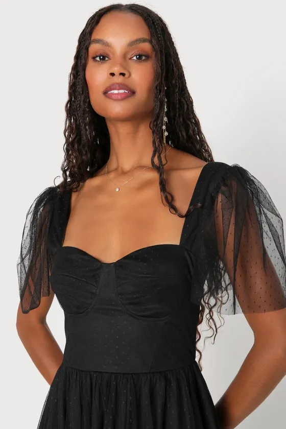Dreamy Celebration Black Tulle Bustier Swiss Dot Midi Dress sold by Lulus product image thumbnail 3