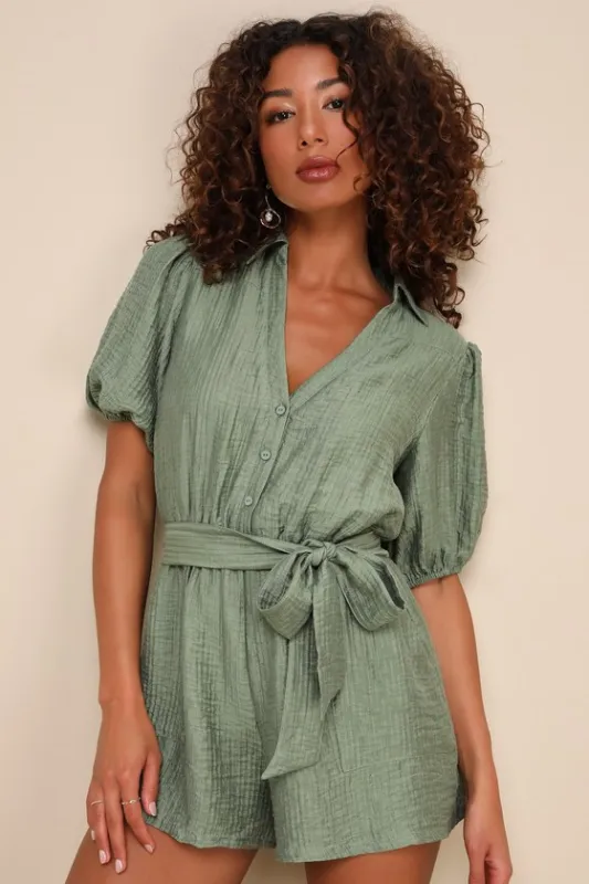 Instinctively Perfect Green Textured Belted Short Sleeve Romper sold by Lulus