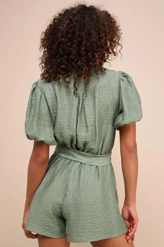 Instinctively Perfect Green Textured Belted Short Sleeve Romper sold by Lulus product image thumbnail 2