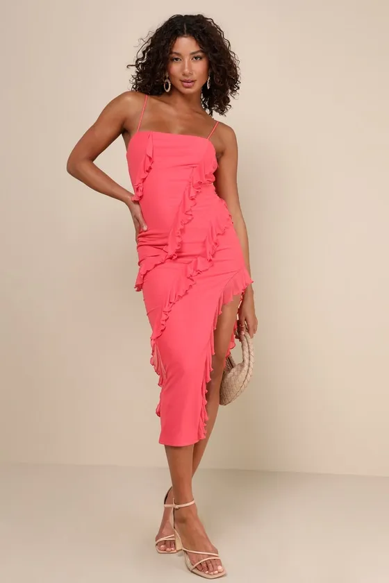 Exclusive Perfection Coral Pink Mesh Ruffled Midi Dress sold by Lulus