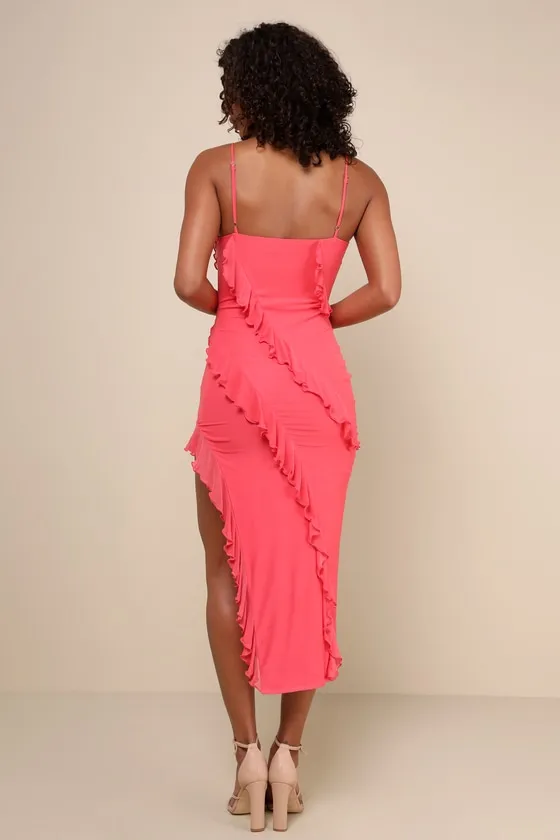 Exclusive Perfection Coral Pink Mesh Ruffled Midi Dress sold by Lulus product image thumbnail 3