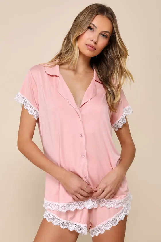 Snuggly Love Pink Short Sleeve Lace Two-Piece Pajama Set sold by Lulus product image thumbnail 2