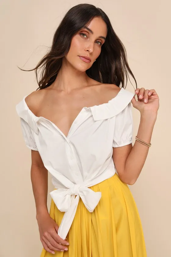 Pleasantly Perfect Ivory Off-the-Shoulder Collared Tie-Front Top sold by Lulus