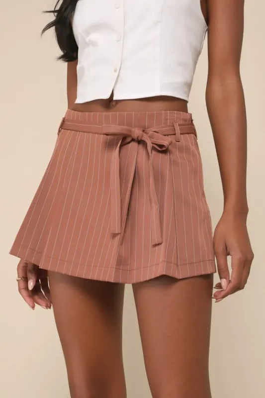 Bound to Charm Brown Pinstriped Pleated High-Rise Skort sold by Lulus