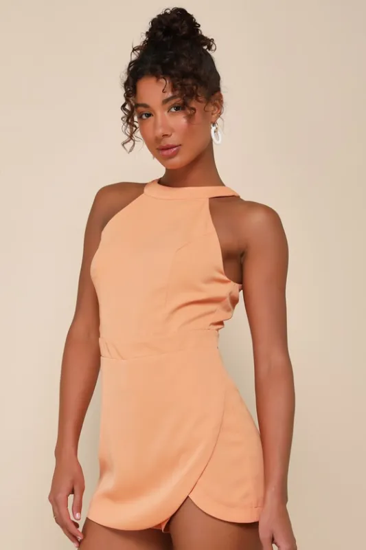 Sleek Favorite Light Orange Sleeveless Halter Skort Romper sold by Lulus