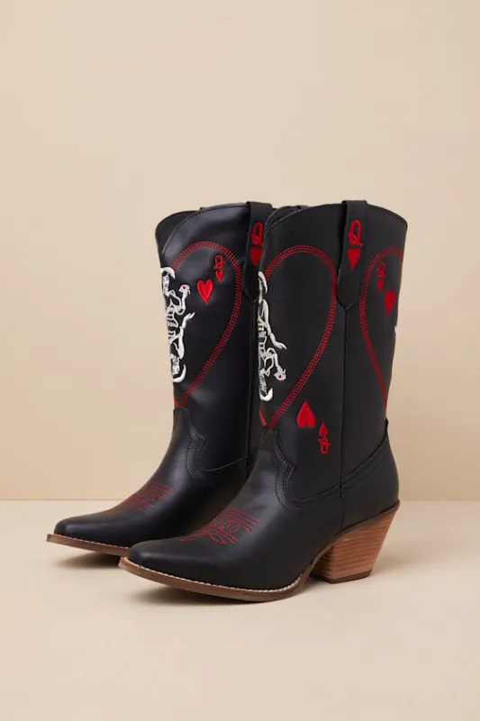 Queen A Hearts Black Leather Knee-High Western Boots sold by Lulus